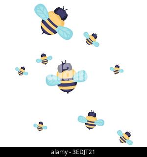 Multiple cute cartoon bees flying together, creating a cheerful pattern on a clean white background. Sweet and whimsical design Stock Photo