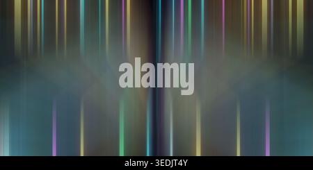 A dark abstract background characterized by vertical neon-colored light streaks, creating a futuristic and symmetrical visual effect. Stock Photo