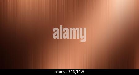A warm and elegant abstract background showcasing a brushed copper metal texture with fine vertical lines and a soft, glowing light gradient. Stock Photo