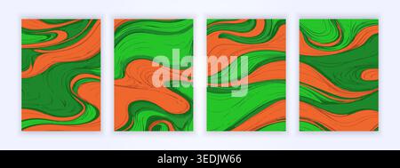 cover of abstract fluid painting patterns, simple green and orange vector backgrounds Stock Vector