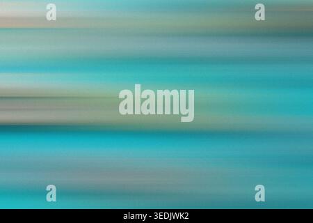 An abstract background composition with horizontal motion blur, showcasing layers of teal, light blue, and neutral beige tones with a fine grainy text Stock Photo