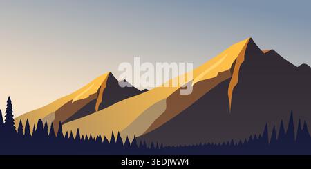 simple design background of sunny mountains in the morning with silhouettes of trees, vector illustration Stock Vector
