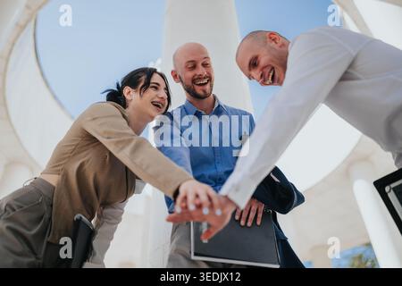 Business team of colleagues smiling and stacking hands in a collaborative outdoor meeting Stock Photo