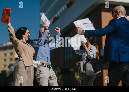 Business team celebrating success outdoors with documents and joyful colleagues after meeting Stock Photo