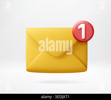 3D Yellow envelope icon with red notification badge showing number one. Email communication symbol. Digital interface design element for inbox alert a Stock Vector
