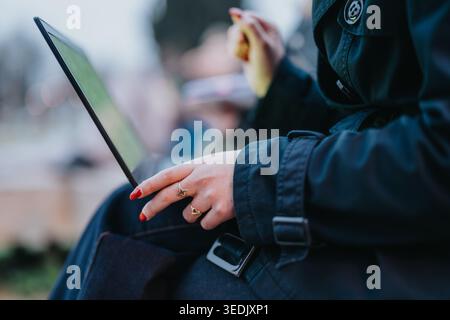 High school student using a laptop tablet outdoors while studying on a park bench Stock Photo