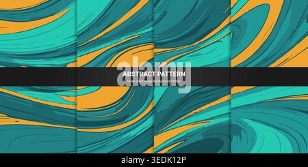 collection of abstract fluid painting patterns, simple green and orange vector backgrounds Stock Vector