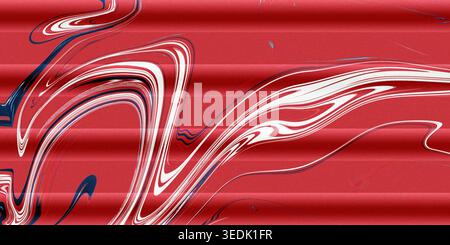 An abstract image featuring red background with white and blue swirling patterns, creating a dynamic and artistic visual effect with smooth curved lin Stock Photo