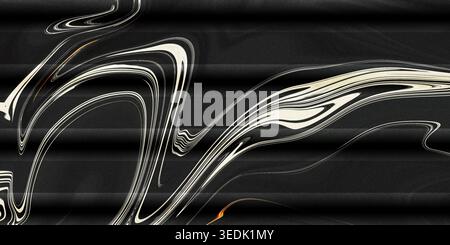 An abstract image featuring black background with white and orange swirling patterns, creating a dynamic and artistic visual effect with smooth curved Stock Photo