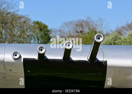 The .50 caliber M2 Browning machine guns on the Republic P-47D Thunderbolt (G-THUN) F4-J (549192) "Nellie B" Stock Photo