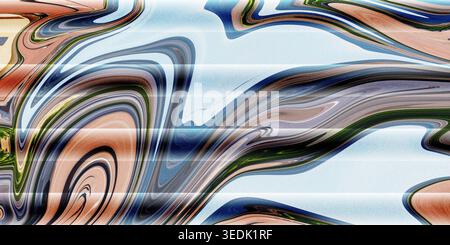 This image showcases an abstract art piece with swirling patterns of blue, green, and orange colors on a light blue background, creating a captivating Stock Photo