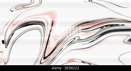 This image features a dynamic abstract artwork with swirling patterns of black, pink, and white colors on a pure white background, creating a mesmeriz Stock Photo