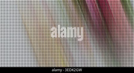 This image features a detailed close-up of a white fabric with pink and green hues, showcasing a woven texture with small dots creating a grid-like pa Stock Photo
