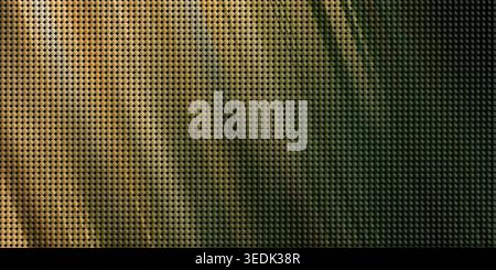 An abstract background composed of a grid of small, reflective circles, transitioning from a warm golden hue on the left to a deep, dark green on the Stock Photo