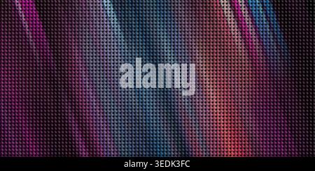 Dynamic and vibrant abstract background featuring a metallic grid pattern overlaid on flowing, colorful gradients of purple, blue, and orange. Stock Photo