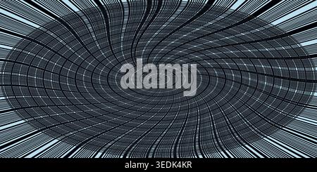 A striking abstract image showing a black and light blue swirling vortex, characterized by intense radial lines and a complex grid structure for a dig Stock Photo