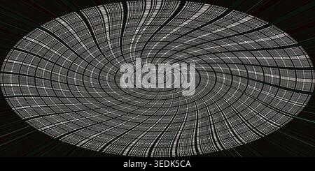 A complex, high-contrast abstract design featuring a dense grid of black and white squares warped into a deep, hypnotic spiral vortex. Stock Photo