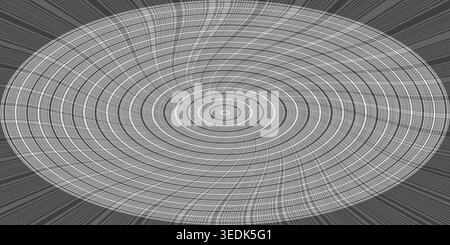 A high-contrast black and white abstract design featuring a central circular vortex surrounded by radiating lines, creating a dynamic optical illusion Stock Photo