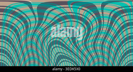 A complex abstract pattern featuring a distorted grid of teal and beige wavy lines, creating a retro-inspired optical illusion effect. Stock Photo