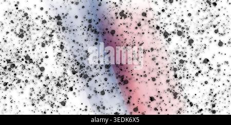 An abstract artistic background featuring scattered black ink splatters and dots over a white background with soft blue and pink light streaks. Stock Photo