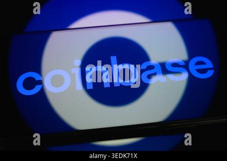 Paris, France - May 6, 2026: The logo of Coinbase, a leading cryptocurrency exchange platform, shown on a smartphone screen. Stock Photo