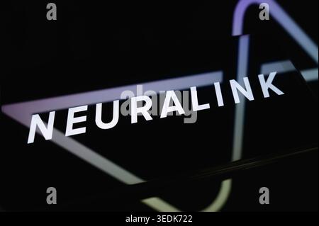 Paris, France - May 6, 2026: The Neuralink logo, Elon Musk's neurotechnology company, displayed on a device screen. Stock Photo