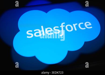Paris, France - May 6, 2026: The Salesforce cloud computing and CRM software logo displayed on a digital screen. Stock Photo
