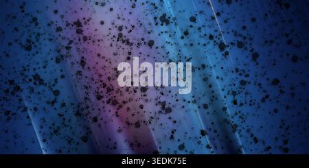 A vibrant abstract background with a blue and purple gradient, featuring diagonal light streaks and a scattered pattern of black ink splatters. Stock Photo