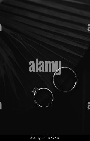 Elegant wedding rings captured in a dark minimalist composition with soft fabric textures and cinematic lighting. A timeless symbol of love. Stock Photo