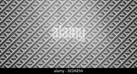 A grayscale abstract background featuring a woven metallic texture with diagonal intersecting lines and a central light glow. Stock Photo