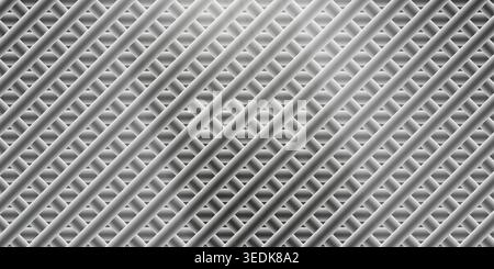 A bright, abstract background showcasing a repeating pattern of intersecting diagonal lines, rendered with a shiny, metallic, and cylindrical 3D appea Stock Photo