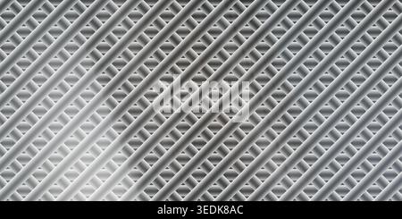 An abstract background featuring a repeating pattern of intersecting diagonal lines, rendered with a metallic, tubular 3D effect and a gradient light Stock Photo
