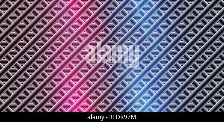 An abstract metallic grid background featuring diagonal lines illuminated by vibrant pink and blue neon light gradients, creating a futuristic aesthet Stock Photo