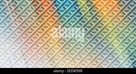 An abstract background pattern of diagonal intersecting lines, overlaid with a soft, multi-colored rainbow gradient effect creating a vibrant visual. Stock Photo