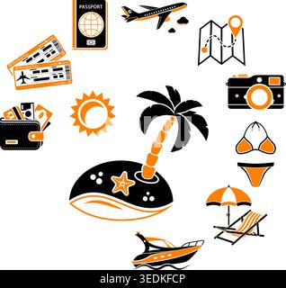 Vacation and Tourism Concept with Flat Icons Baggage Suitcase in Hand an two color icons passport, money, map, ticket, aircraft. Isolated vector illus Stock Vector