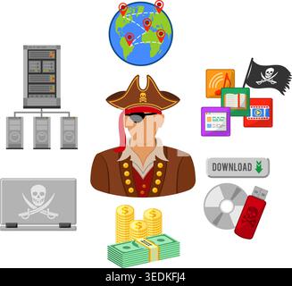 Piracy Vector Concept with Flat Icons for Flyer, Poster, Web Site, Printing Advertising Like  Pirate, Download, Server, Laptop and Money. Stock Vector