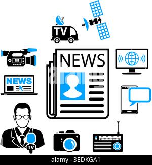 Media and News Vector Concept with Icon set in two color such as Journalist Microphone Newspaper Camera Satellite laptop. Isolated vector illustration Stock Vector