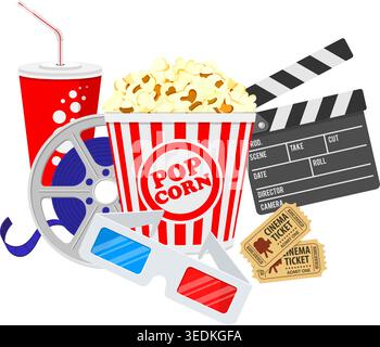 Cinema and Movie time flat icons with film reel, popcorn, paper cup, 3d glasses, clapperboard, isolated vector illustration Stock Vector