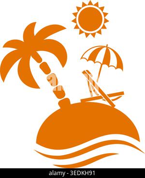 Travel, Tourism and Vacation Logo Design Template. Island with Palms, Sun, Umbrella and Beach Chair icon. Stock Vector