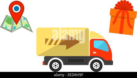 Delivery Goods Flat Icons for e-commerce with Truck, Map and Gift. Vector isolated on white. Stock Vector