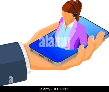 Online isometric customer support concept. Mobile call center with female consultant, headset, chat icons, hand with mobile phone. support 24h online. Stock Vector