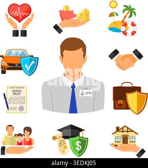 Insurance Flat Icons Set for Poster, Web Site, Advertising like House, Car, Medical and Business . Stock Vector