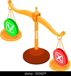 choice between red no button with cross or green yes button with checkmark on scales isometric education or exam concept isolated vector illustration Stock Vector