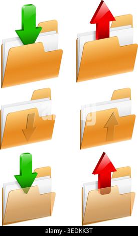 Download and Upload icon - 3D Arrow with Folder, isolated on white, vector Stock Vector
