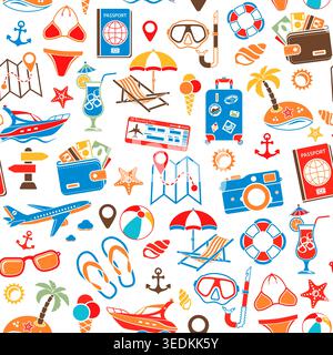 Vacation and Tourism Seamless Pattern with Flat Icon Set for Mobile Applications, Web Site, Advertising like Boat, Cocktail, Island, Aircraft and Suit Stock Vector