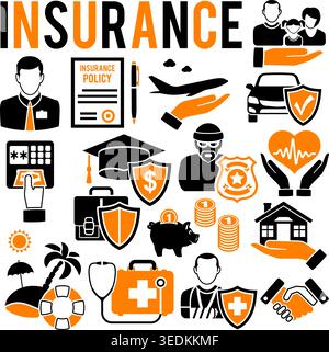 Insurance Services Concept with Flat style icons House, Car, Medical, Family and Business Insurance. Isolated vector illustration Stock Vector