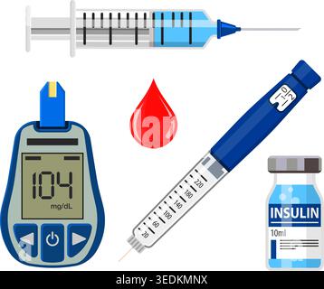 Control your Diabetes concept. Icons Set with blood glucose meter, insulin pen syringe. isolated vector illustration Stock Vector