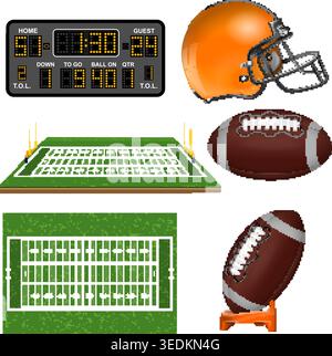 American Football Realistic Icons with Field, Ball, Goal, Helmet, Scoreboard. Isolated vector illustration Stock Vector