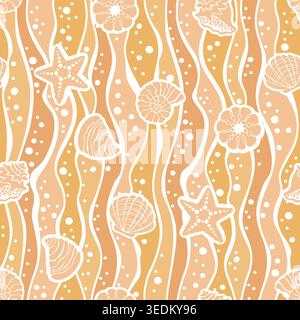 Hand drawn seamless ocean pattern with shells, starfish and waves in soft beige tones, soft marine background with flowing lines and white elements on Stock Vector