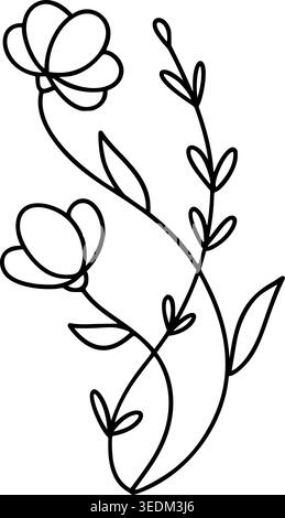 Elegant vector line art drawing creating a simple floral design. Two blooming flowers with leaves in a minimalist black and white style Stock Vector
